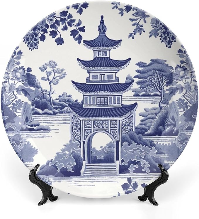 Chinoiserie Blue Asian Pagoda Decorative Plate of 6", 7", 9", 10", Custom Hanging Decorative Tiles, Club Table Decorations Office, with Vertical Stand