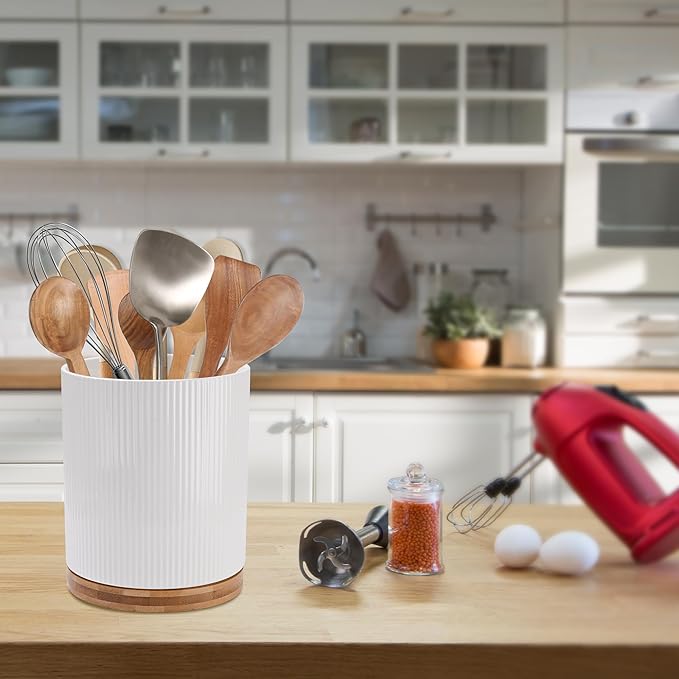 QUELIEN Utensil Holder, 360° Rotating Ceramic Kitchen Utensil Holder for Countertop, 7.7" Utensil Crock for Kitchen Counter with Rotatable Wooden Base,Ideal Housewarming Gift & Mothers Day Gift