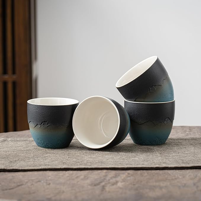 TEANAGOO Ceramic Japanese Tea Cups Set of 4pcs, 5.4oz/160ml Elegant Ceramic Matcha Cups with Flat Base, Gradient Navy Blue Handleless Coffee Mugs, Microwave & Dishwasher Safe, Beautiful Gift Box
