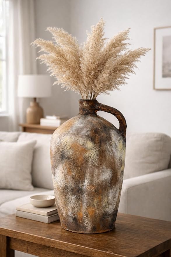Zorvia Handcrafted 11-Inch Terracotta Jug Vase with Handle – Naturally Pigmented Rustic Earthen Clay Decorative Pot, Artisan Pottery Accent for Farmhouse, Living Room, Bedroom, Shelf & Table Décor