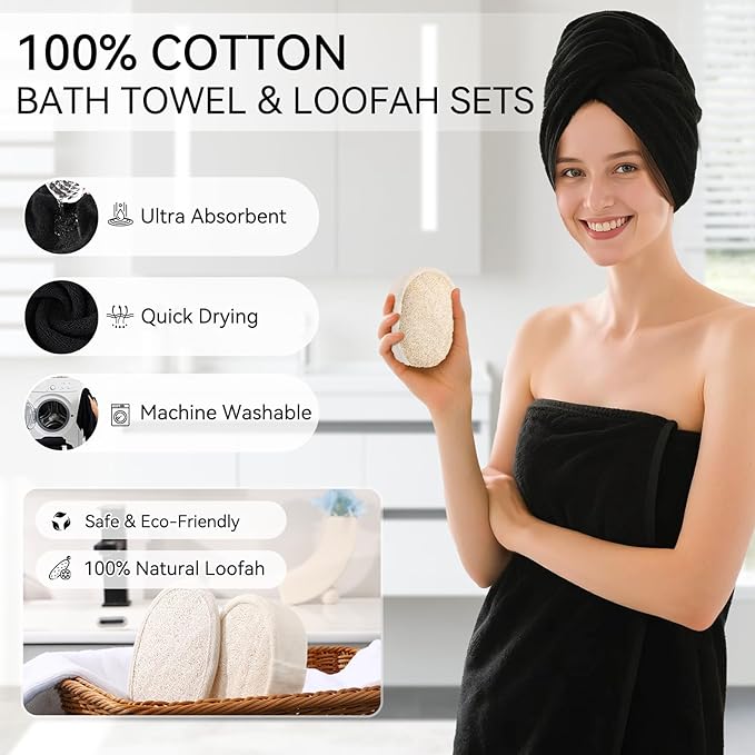 Black Bathroom Set,Black Bathroom Accessories Set with Shower Curtain and Rugs, Bath Towel Set, Natural Loofah Sponge, Soap Dispenser, Toothbrush Holder, Bathroom Tumbler and Tray for Bathroom