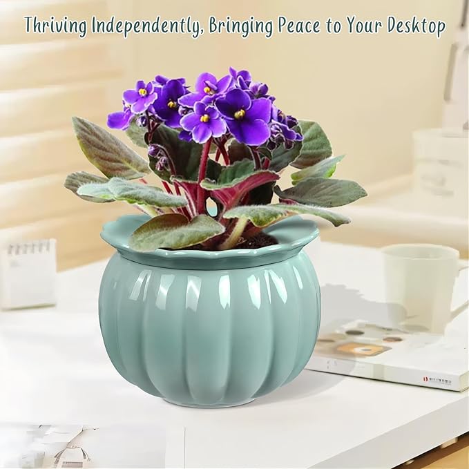 African Violet Pots, Self-Watering Ceramic Planter for Indoor Plants – 6 Inch Pot for Succulents, Herbs & Small Houseplants, Decorative Self-Watering Pot for Home & Office, Blue