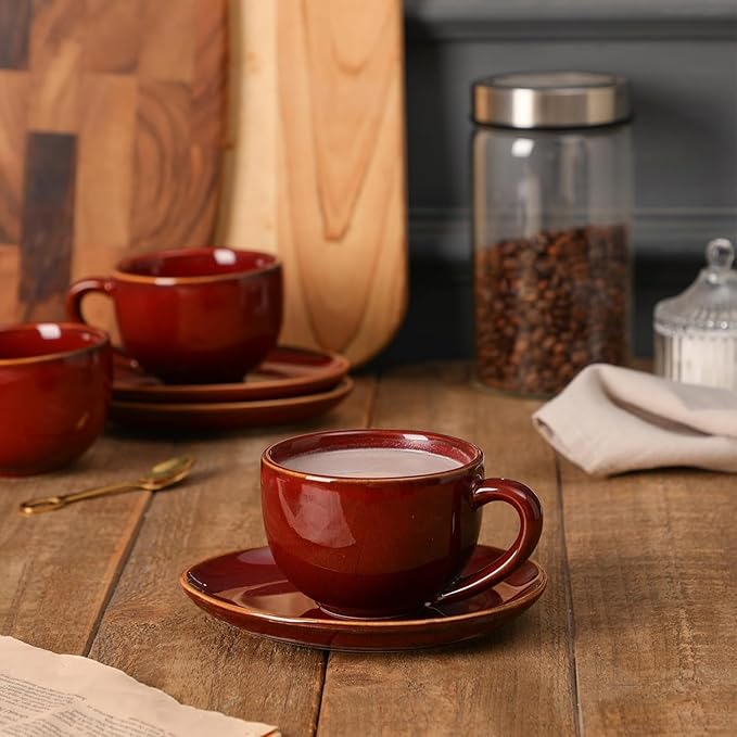 vicrays 6.5 oz Cappuccino Cups with Saucers, Set of 4, Ceramic Coffee Cup for Au Lait, Double shot, Latte, Cafe Mocha, Tea (Cherry Red)