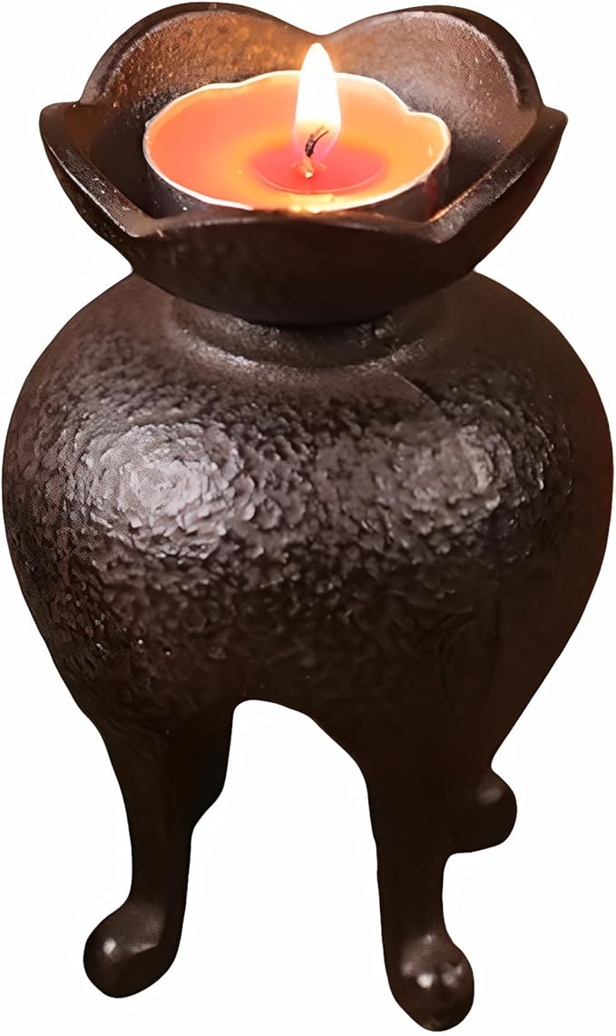 Japanese Style Cast Iron Candle Holder, Small Handmade Vintage Candlestick Holders, Rustic Pillar Candle Holder, Farmhouse Candle Stand for Fireplace Shelf Home Decor (4.53" Tall Pattern)