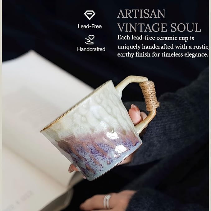 10oz Retro Vintage Japanese Style Handmade Ceramic Tea Cup with Handle, Lead-Free Reactive Glaze Artisanal Coffee Mug, Comfortable handle Handmade Pottery Tea Mug for office and home