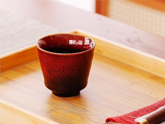 Japanese Tea Set for Adults, Porcelain Kung Fu Tea Set with 1 Teapot (23.5oz/700ml), 6 Tea Cups(4oz/120ml), Tea Tray & Stainless Infuser, Japanese Teapot Set Tea Gift Set (Kiln Altered Red)