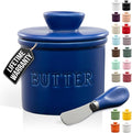 Zulay Kitchen Bell Shaped Butter Crock with Lid for Countertop with Water Line & Spreader Knife, Ceramic French Butter Dish Keeper For Fresh, Soft & Spreadable Butter - Blue