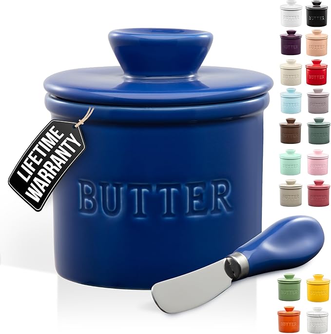 Zulay Kitchen Bell Shaped Butter Crock with Lid for Countertop with Water Line & Spreader Knife, Ceramic French Butter Dish Keeper For Fresh, Soft & Spreadable Butter - Blue