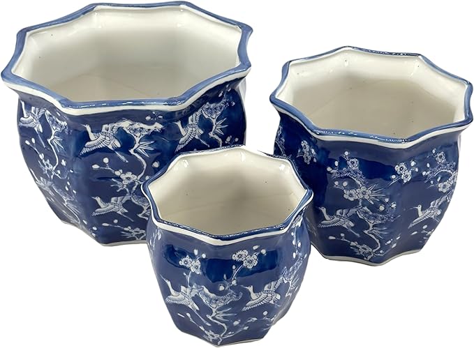 Galt International White & Blue Crane Round Fluted Floral Porcelain Ceramic Plant Flower Planter Pot Set of 3 (7.5", 10", 13") Garden Pots Chinese Asian Design