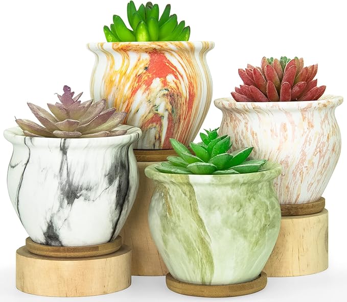 ARTKETTY Succulent Pots - 4.5 Inch Small Succulent Plant Pots with Saucers Marbling Cactus Flower Planter Ceramic Pots for Indoor Plants Set of 4