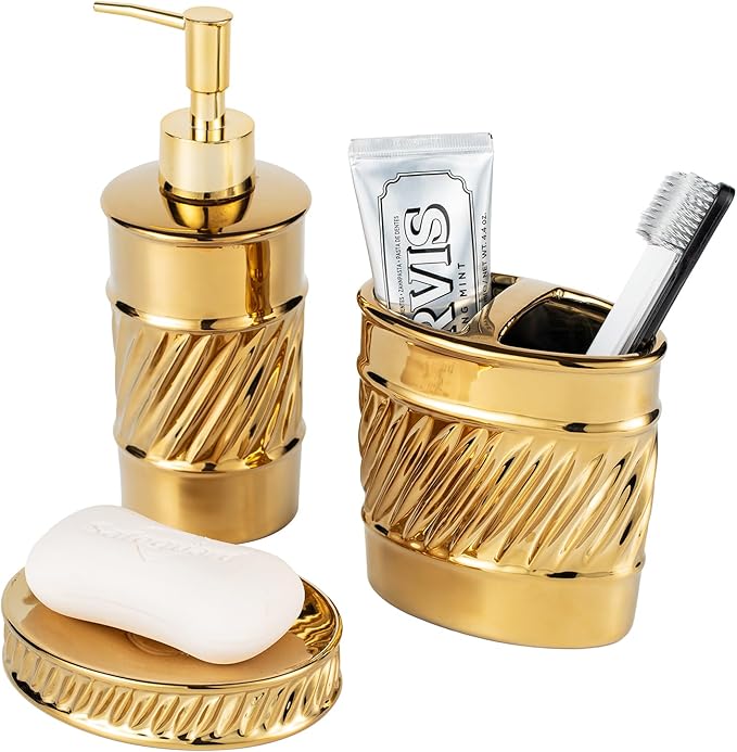 3-Piece Ceramic Bathroom Accessories Set - Soap Dispenser, Toothbrush Holder & Soap Dish with Modern Wave Embossed Design for Bathroom Accessory Set (Gold)