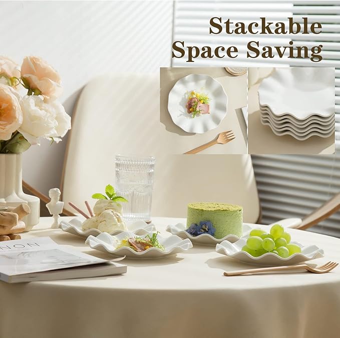 7 Inch Porcelain Small Dinner Plates, Set of 12, White Appetizer Plates, Wave Rim Dessert Salad Plate, Serving Dishes for Cake, Snack, Ice Cream, Waffles, Microwave, Oven, Dishwasher Safe