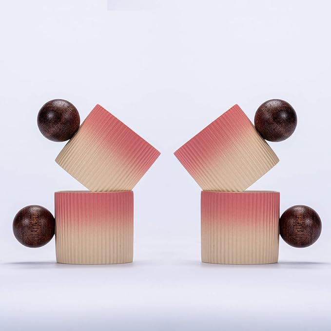 Ceramic Mini Espresso Cups Demitasse Cups with Round Wooden Handle Vertical Stripes Tea Cups (Beige&Pink, 4pcs)