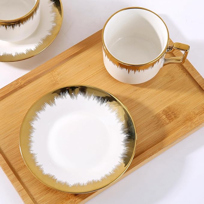 LETAOTAO Cappuccino Cups with Saucers, 8.5 oz Stackable Ceramic Coffee Cup and Saucer with Gold Trim, Turkish Coffee Cups Set for Double Espresso, Tea Cups Set of 6, White