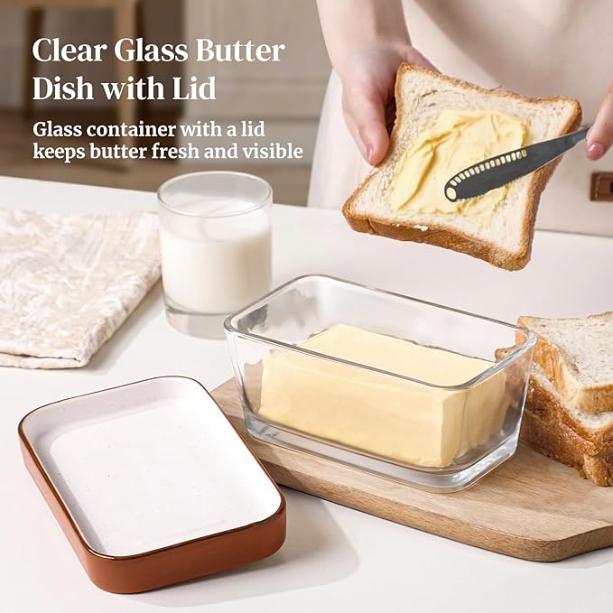 DOWAN Glass Butter Dish with Ceramic Lid, Large Butter Container for 3 Sticks, 2-in-1 Butter Dish with Lid for Countertop, Multi-Purpose Preserving Keepers and Tray, Dishwasher Safe-Cozy Gift