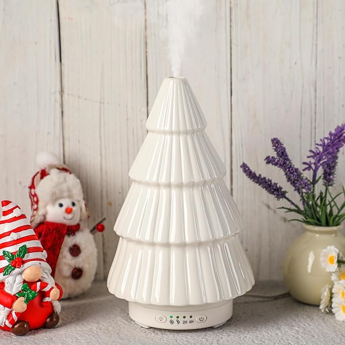 Christmas Essential Oil Diffuser Gifts Ceramic 120ml Christmas Tree Diffuser for Essential Oil Cute Small Aromatherapy Humidifier for Home Office Holiday Decorations(White)