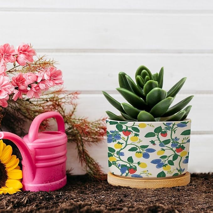 Summer Cherry Lemon Citrus Garden Planter Ceramic Strawberry Fruit Season Round Plant Pot with Drainage Holes and Bamboo Tray Pot for Indoor Outdoor Garden