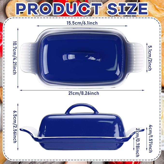 Qinyoung Ceramic Butter Dish with Lid for Countertop Extra Large Elegant Butter Dish Tray with Handle Durable Heavyweight Glazed Ceramic Kitchen Container Keeper Non-slip Base Minimalist(Blue)