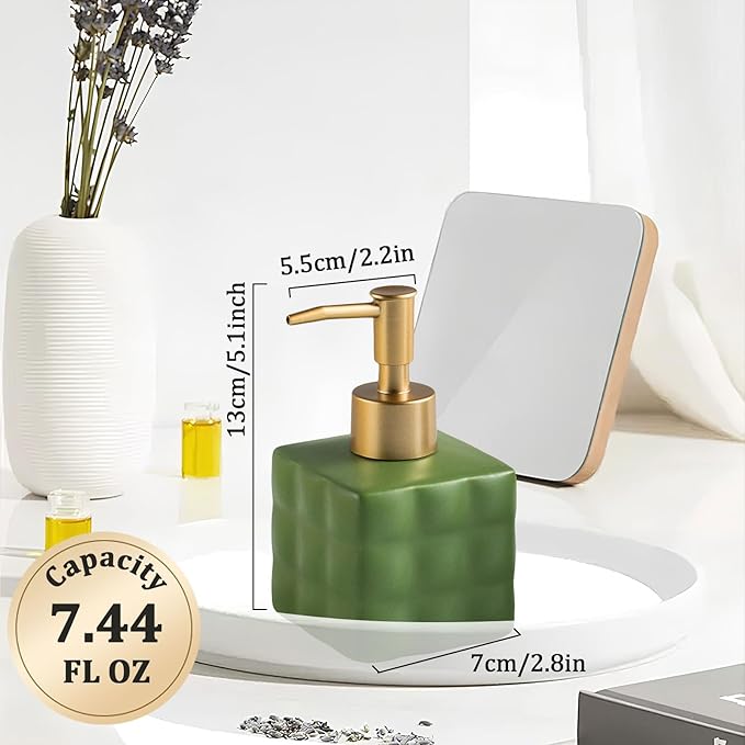 Hand Soap Dispenser Dish Cube Soap Dispenser Countertop 7.44 FL OZ. /220 ML Hand Lotion Pump Bottle Ceramic Lotion Container Liquid Hand Soap Jar Shower Dispenser Kitchen Bathroom Décor (Green)