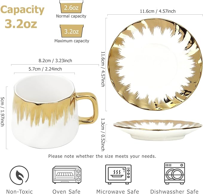 Coffee Cup Set of 6 with Saucers, 3.5 OZ Ceramic Espresso Cups Set, Gold Trim Turkish Coffee Cup Gift for Cappuccino, Latte, Cafe Mocha and Tea, Dishwasher & Microwave Safe(Gold Twill)