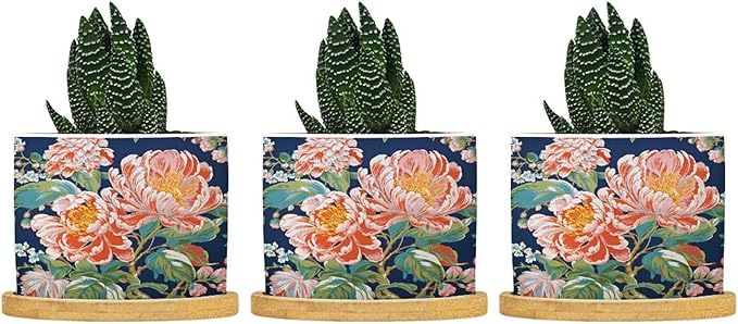 Bright and Chinoiserie Ceramic Planter Coral Peony Floral Flower Pots for Indoor Plants with Drainage Holes and Saucers Pot for Outdoor Garden Home Plant