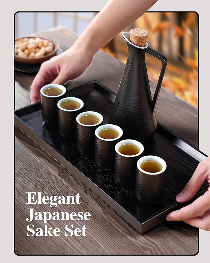 ZENS Sake Set with Warmer, 12 Ounce Embossed Ceramic Sake Bottle 6 Sake Cups and Glass Pot for Hot or Cold Japanese Sake, Black Sake Carafe Gift Sets with Cotton Towel