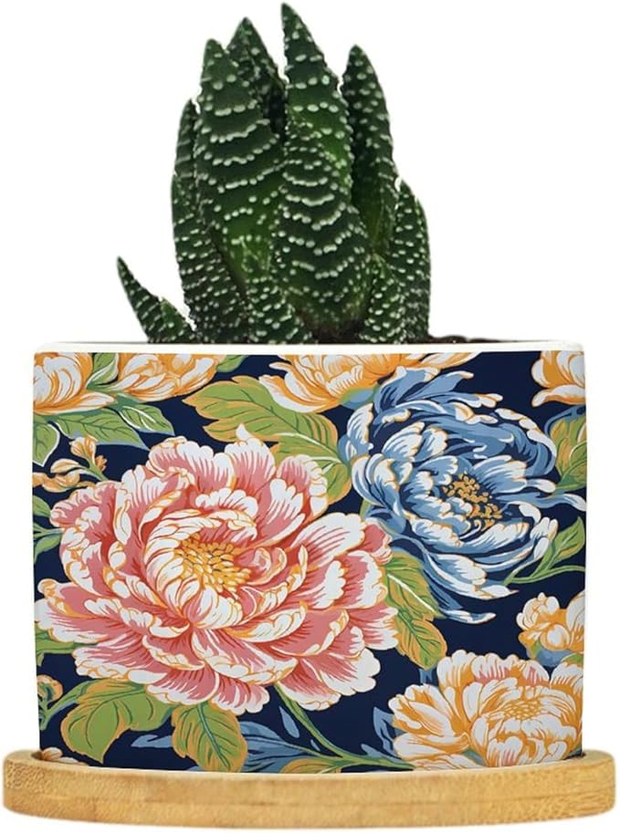 Bright and Chinoiserie Planters Ceramic Coral Peony Floral Round Flower Pot with Drainage Holes and Bamboo Tray Pot for Outdoor Garden Home Plant