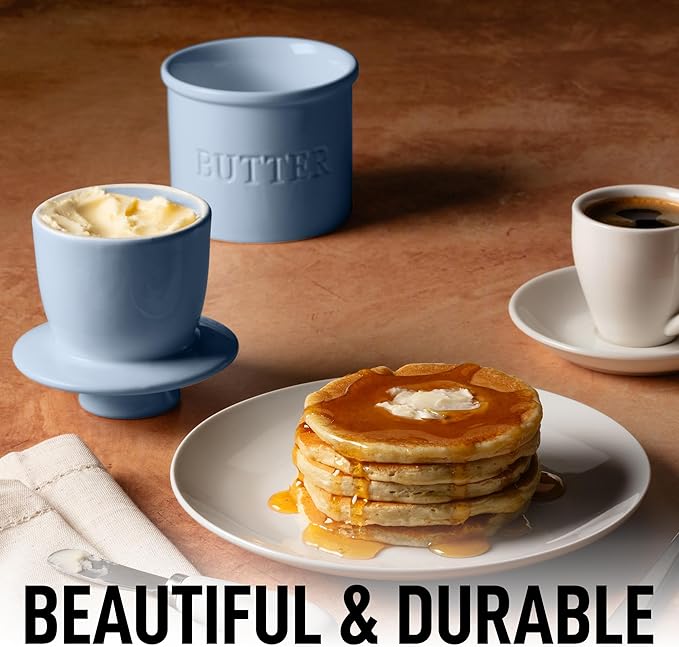 Zulay Kitchen Bell Shaped Butter Crock with Lid for Countertop with Water Line & Spreader Knife, Ceramic French Butter Dish Keeper For Fresh, Soft & Spreadable Butter - Blue-Gray