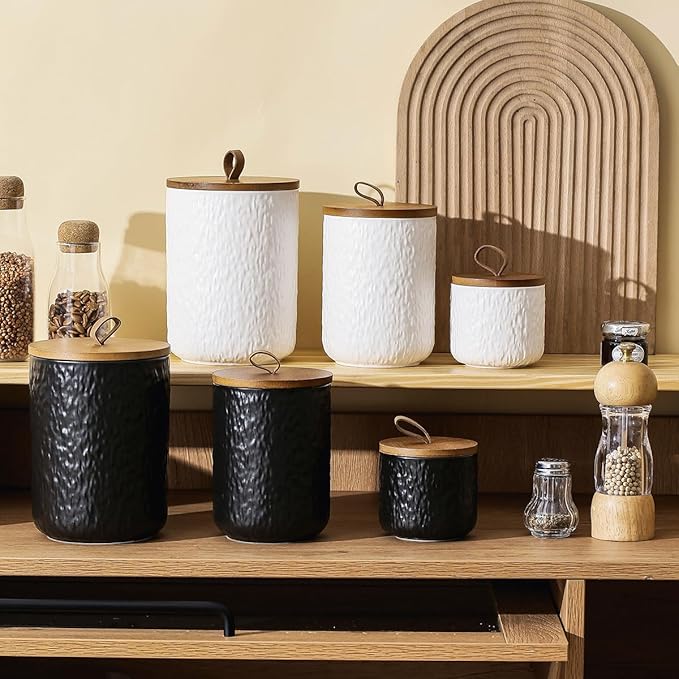 Black White Ceramic Coffee Canister Tea Canister with Seal Wood Lid, Airtight Coffee Storage Container for Coffee Bean, Ground Coffee, Sugar, Cookie Candy jar (White, 1300ml)