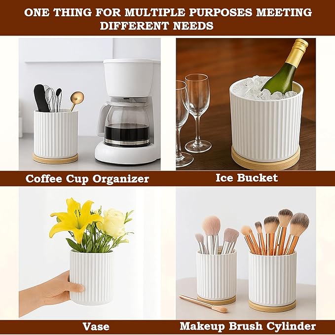 Utensil Holder, 360° Rotating Extra Large Ceramic Kitchen Utensil Holder for Countertop 7.3“ Cooking Utensil Crocks for Kitchen Counter with Rotatable Wooden Base, Farmhouse Decor, White