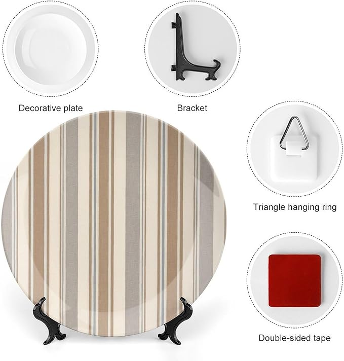 Thibaut Stripes in Brwon And Gray Vintage Plates Decor for Festival Display Home Personalized Christmas Idea Gifts Handmade Decorative Plate with Display Stand And Hook Up, Multi Sizes by Choosing