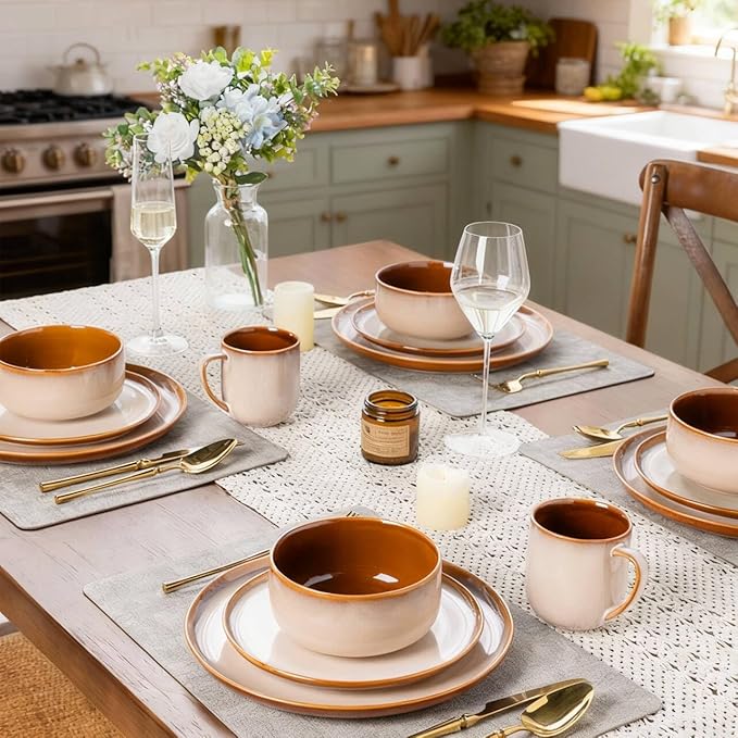 LERATIO Ceramic Dinnerware Sets for 4,16-PieceReactive Glaze Plates and Bowls Set with Mugs,Highly Chip and Crack Resistant | Dishwasher,Microwave & Oven Safe Dishes set-Kahki