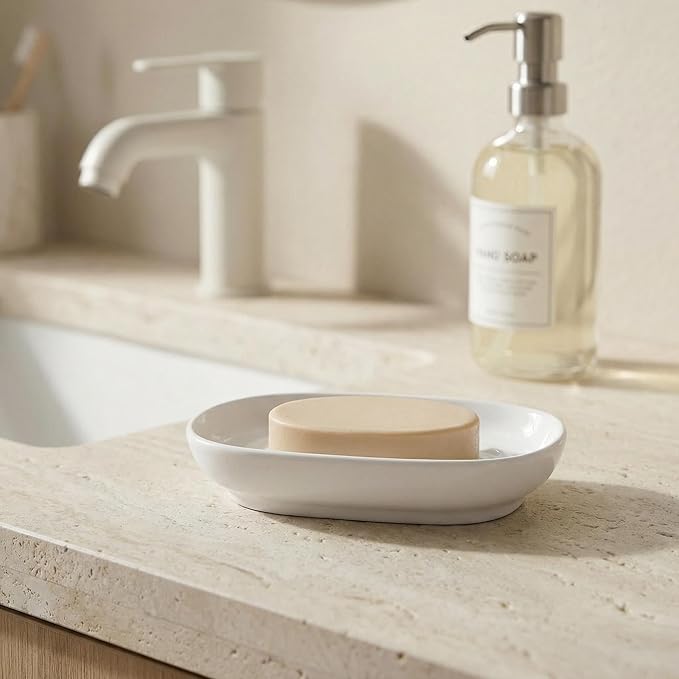 Soap Dish, Ceramic Soap Dish with Marble PatternShower, Soap Saver Tray for Bathroom, Kitchen Sink & Vanity, Multi-Use Holder for Jewelry, Rings, Keys (1 Pack, White)