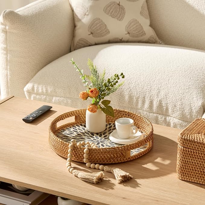 YANGQIHOME Round Rattan Tray with Handle, Mother of Pearl Inlay Decorative Wicker Basket for Coffee, Bread, Fruits, Serving Tray for Home Decor, Blue Leaf