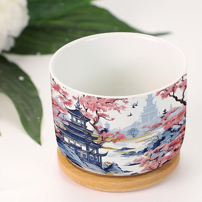 5 Piece Blue Asia Tiered Tower Coral Pink Flower Small Succulents Pots Chinoiserie Asian Flower Pot Planter with Drainage Holes Chinoiserie Garden Scenery Ceramics Planter