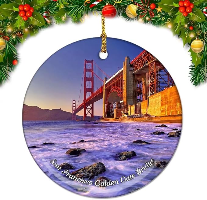 California San Francisco Golden Gate Bridge USA America Christmas Ornaments Ceramic Round Hanging Pendant Xmas Decor City Travel Souvenirs 3" Porcelain Double Sided