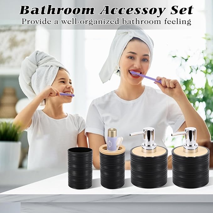 Bathroom Set - Black Bathroom Accessories Set, Bathroom Sets with Shower Curtain and Rugs, 25PC Shower Curtain Set with Hooks, Soap Dispenser, Soap Dish, Toilet Brush Holder and Trash Can