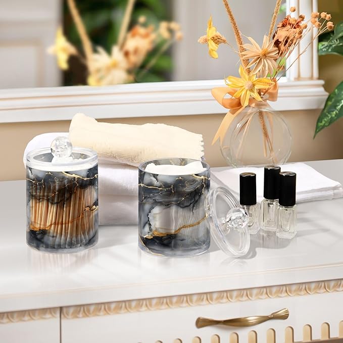 MNSRUU 2 Pack Qtip Holder Organizer Dispenser Abstract Black White Gold Marble Bathroom Storage Canister Plastic Cotton Ball Holder Bathroom Containers for Cotton Swabs/Pads/Floss