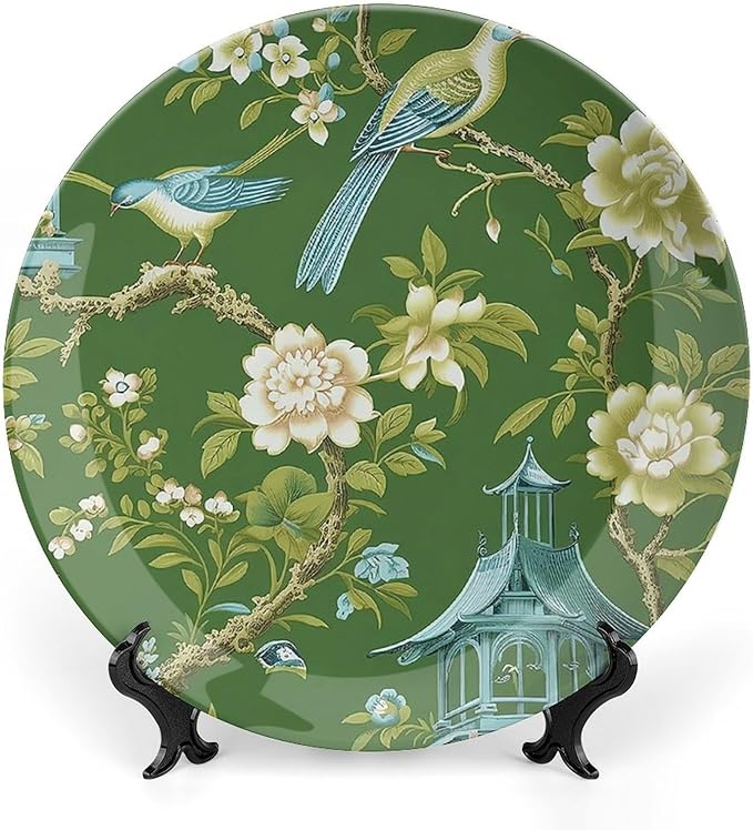 Pagoda Garden Imperial Green Chinoiserie Peacock Vintage Plates, Border in Chinoiserie Style with Herons Peacock Wall Hanging Decorative Plate for Wall Table Decor, Including Bracket Art Decor