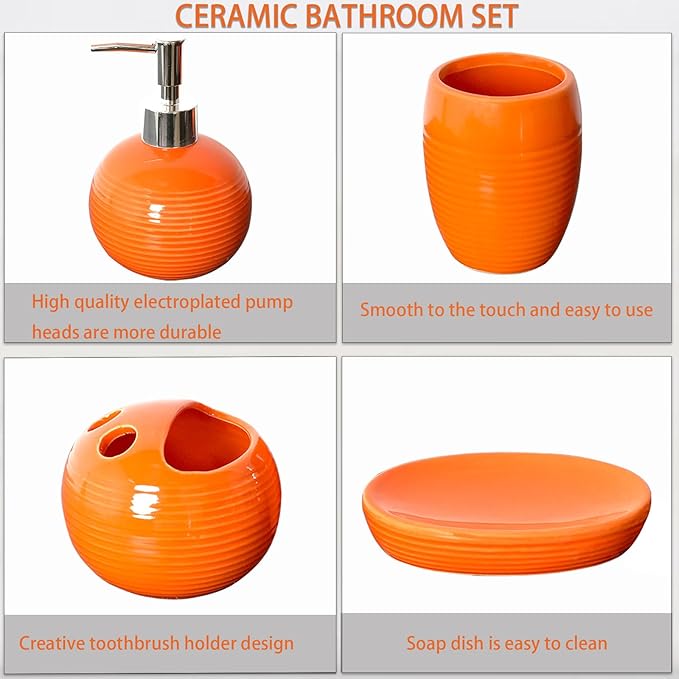 Orange Bathroom Accessories Set 4 Pcs, Ceramic Bathroom Accessory Set with Lotion Soap Dispenser, Toothbrush Holder, Bathroom Tumbler and Soap Dish,Orange Bathroom Decor