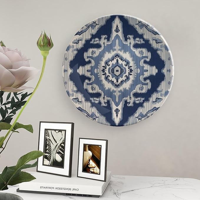 Navy Blue Grey Ikat Plates Ceramic of 6", 7", 9", 10", Custom Wall Decorative Plate, Household Festival Decorations Farmhouse, Including Bracket And Special Hook