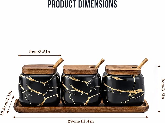 Ceramic Spice Jars Porcelain Condiment Jars Set Marble Ceramic Seasoning Box 3pcs Condiment Pots for salt, sugar, pepper Kitchen Ceramic Seasoning Condiment Jar Set Black