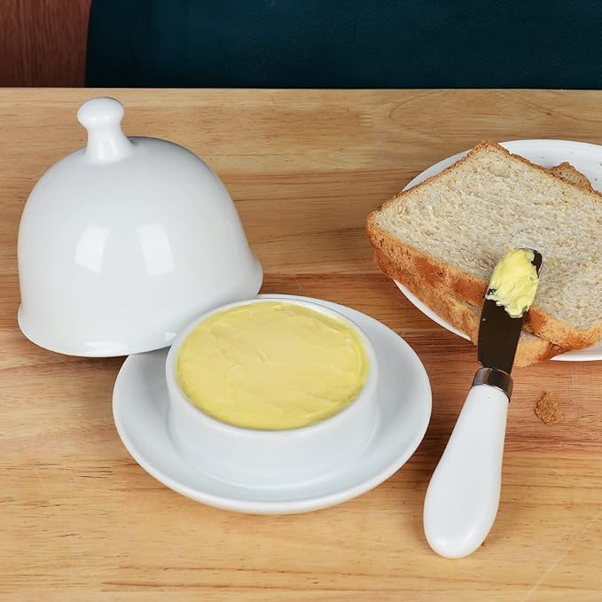 Ceramic Small Butter Dish with Lid, 17 OZ Mini Butter Container, 2-Way Freshness, Pure White