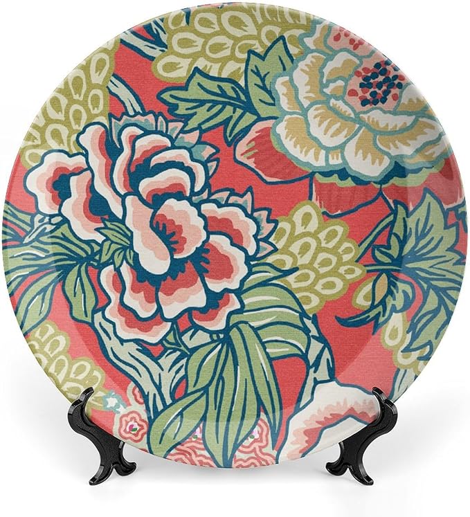 Red And Yellow Chinoiserie Peony Floral Decorative Plate for Display Colorful Chinoiserie Flower Table Housewarming Gifts Supplies Wedding Home Holiday Party Decorations Customize Gifts Holiday