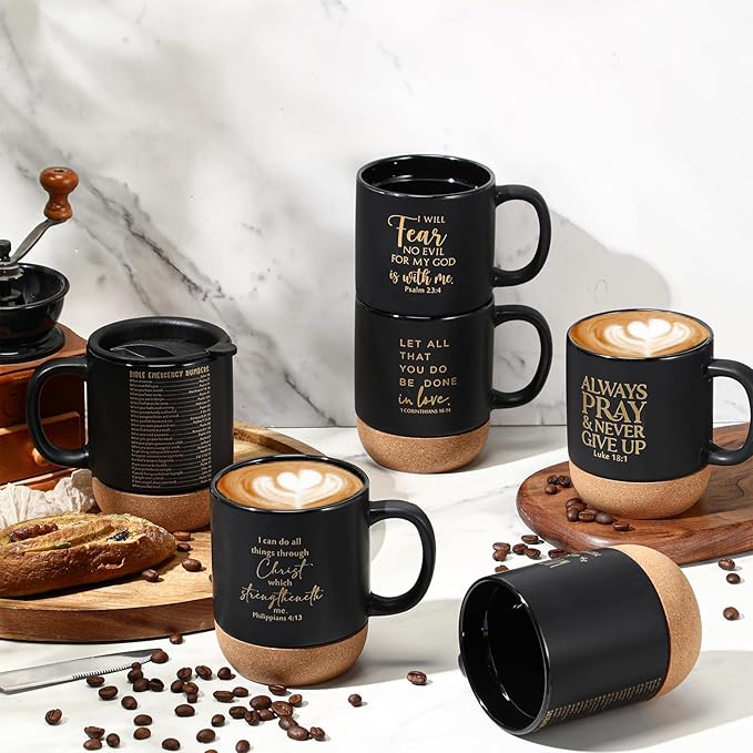 24 Set Christian Mugs Mothers Day Gifts Bulk Ceramic Coffee Cups with Bible Verses Religious Gifts for Church Office Women Men Employee Coworker Appreciation Mugs, 15 oz (Black)