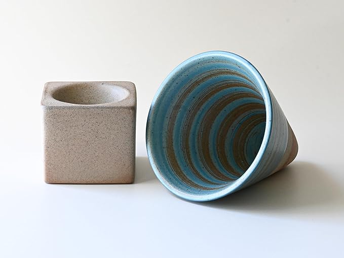 aprikalife Japanese Pottery Coffee Mug with Base 200ml - Ceramic Handmade Triangle Cone Funnel Shaped Retro Tea Cup - Dishwasher & Microwave Safe Coffee Cup for Tea, Cocoa, Espresso & Latte (Blue)