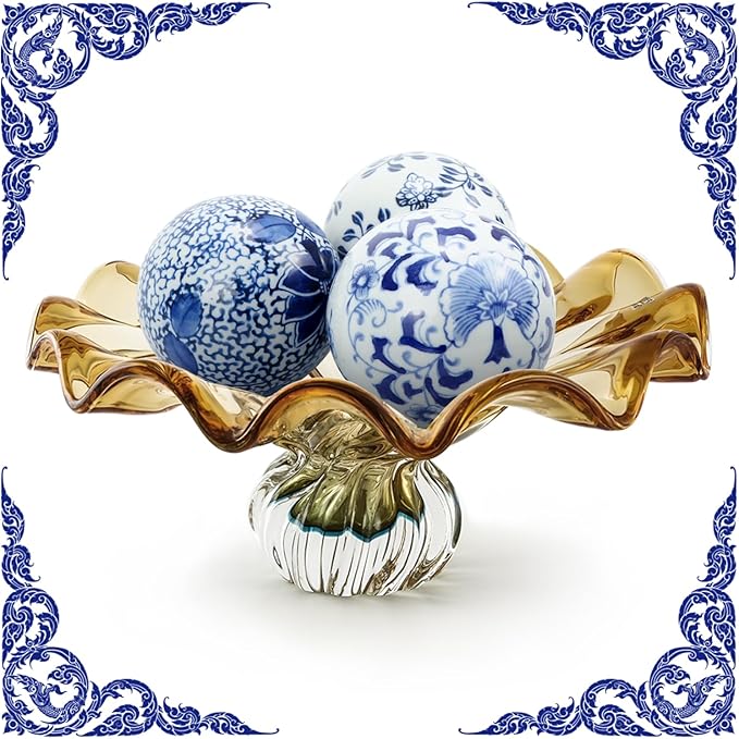 Kesywale Set of 3 Blue & White Porcelain Orbs Decorative Balls Ceramic Spheres for Centerpiece Bowl, Tray or Basket Decor 3 Inch Diameter (A)