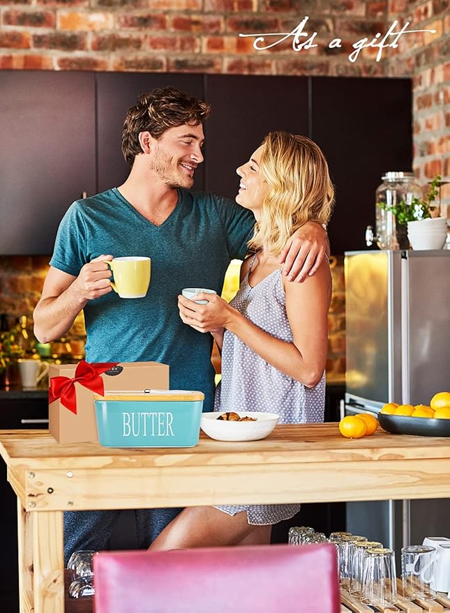 Butter Dish with Lid, Home Decor, Large Butter Dish for Countertop Ceramic Butter Keeper Container with Knife and High Quality Silicone Sealing Butter Box Good Kitchen Gift Turquoise
