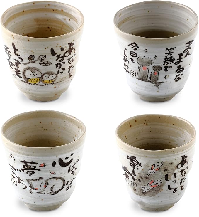 Product of Gifu Japan Mino Yaki(Ware) ceramic Handmade Japanese Tea Cups Sake Green Tea Yunomi Tea cup Mug, Japanese Poem Design(Rabbit, Owl, Cat, Jizo), Gray 6.1 fl oz