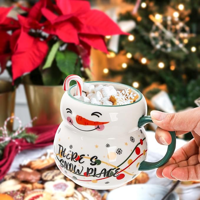 4 Pack Christmas Mugs Set, 15oz Ceramic Snowman Coffee Cup, Stackable Holiday Xmas Tea Mug for Hot Cocoa Cold Water Milk, Housewarming Gift Home Decor, Dishwasher Microwave Safe(4 Styles)